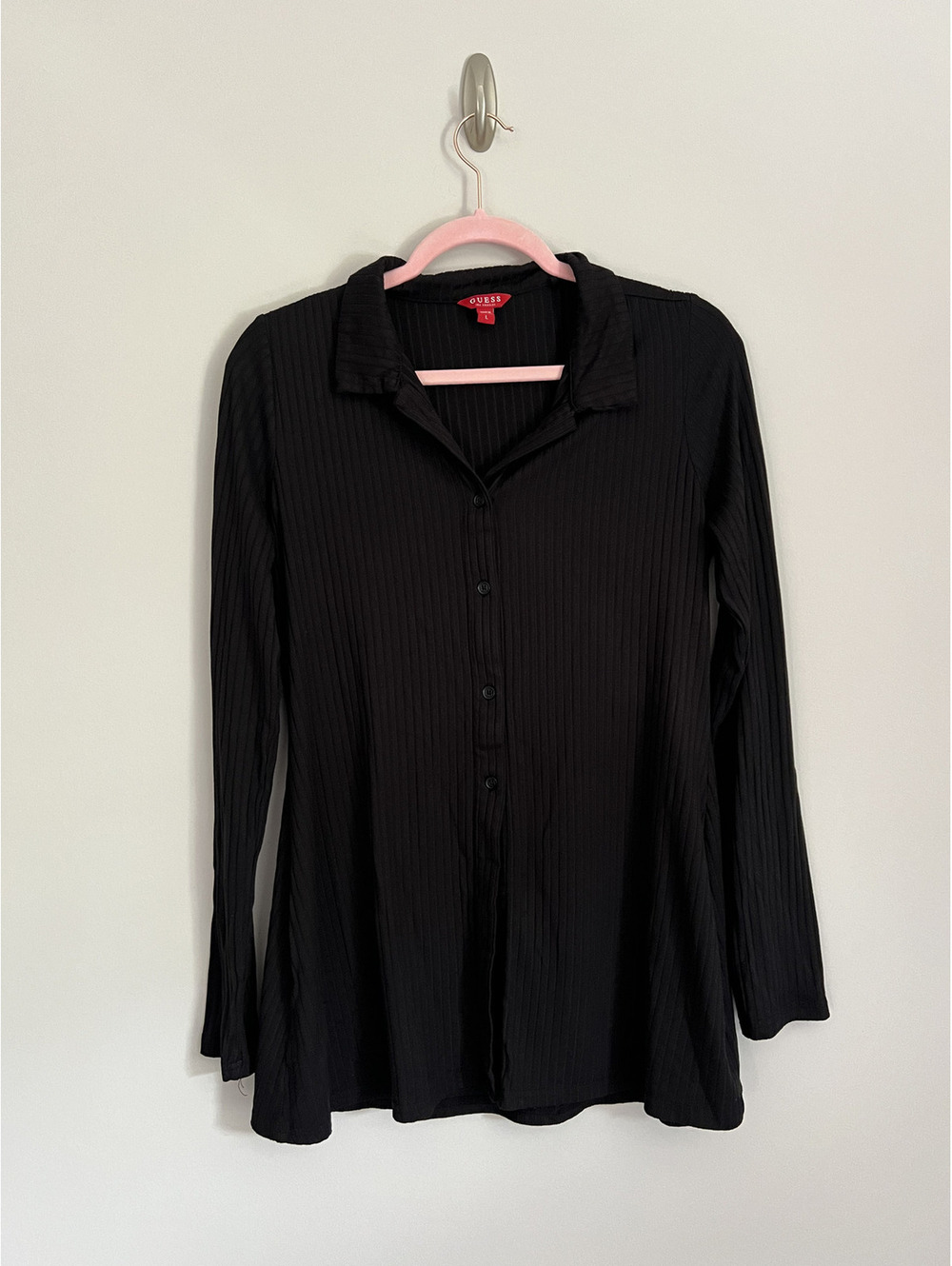 Guess Black Ribbed Long Sleeve Collared Button Front Shirt Top